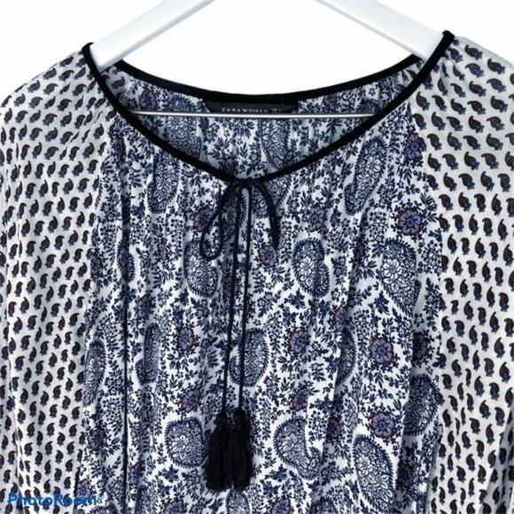 Zara Boho Paisley Peasant Tunic Top Navy White S - Picture 4 of 8